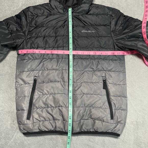 Eddie Bauer Jacket Kids Medium Black Grey Duck Down Reversible Packable Hooded - Picture 8 of 9